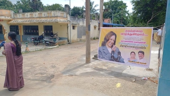 A Kamala Harris banner was put up in Thulasendrapuram village, Tamil Nadu before the polls. (HT)