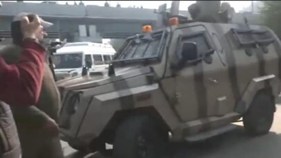 A security forces vehicle at the grenade attack site in Srinagar.(ANI)