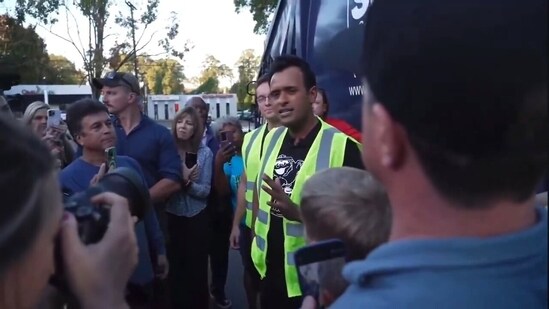 Former presidential candidate Vivek Ramaswamy rode a garbage truck to a Donald Trump campaign event in Charlotte, North Carolina, on October 30.(X/Twitter)