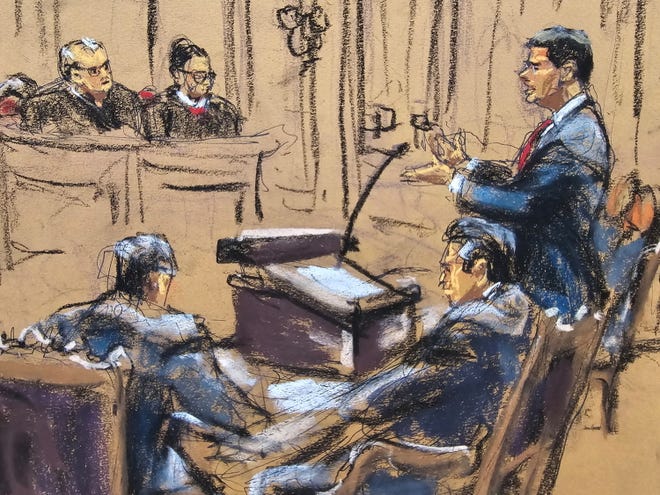 Former President Donald Trump's lawyer John Sauer speaks in front of appeals court judges in New York, U.S, September 26, 2024 in this courtroom sketch. Trump has asked the judges to toss a nearly half-billion dollar judgment against him over real estate business practices that a judge declared fraudulent.