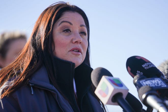 Rep. Lori Chavez-DeRemer (Ore.) speaks during a press conference in front of the U.S.-Mexico border south of Sierra Vista on Thursday, Feb. 16, 2023, in Hereford.

Dsc02420 Copy