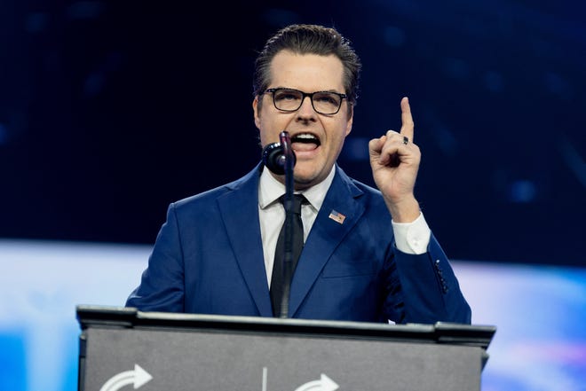 Former U.S. Representative Matt Gaetz (R-FL) speaks ahead of a visit by U.S. President-elect Donald Trump during the AmericaFest 2024 conference sponsored by conservative group Turning Point in Phoenix, Arizona, U.S. December 22, 2024.