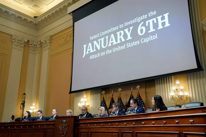 From left to right, Reps. Stephanie Murphy, D-Fla.; Pete Aguilar, D-Calif.; Adam Schiff, D-Calif.; Zoe Lofgren, D-Calif.; Bennie Thompson, D-Miss.; Liz Cheney, R-Wyo.; Adam Kinzinger, R-Ill.; Jamie Raskin, D-Md.; and Elaine Luria, D-Va., participate in the last public meeting of the Select Committee to Investigate the January 6th Attack on the United States Capitol on Dec. 19, 2022.