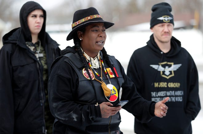 Jezelle Childs-Evans of HGM MUSIC GROUP speaks in support of the "Free Leonard Peltier," movement on Feb. 6, 2023, in Green Bay, Wis. Peltier, an activist with the American Indian Movement, is serving life in prison for his involvement in a shootout on the Pine Ridge Indian Reservation in South Dakota in the 1970s that left two FBI agents dead.