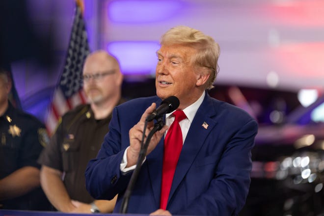 Former president Donald Trump speaks during a campaign stop on Tuesday, Aug. 20, at the Livingston County Sheriff's Office in Howell.