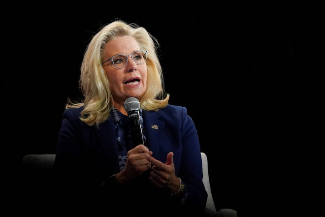 Former Rep. Liz Cheney, R-Wyo., speaks during a conversation with Democratic presidential nominee U.S. Vice President Kamala Harris moderated by Charlie Sykes in Brookfield, Wisconsin, on Oct. 21, 2024.