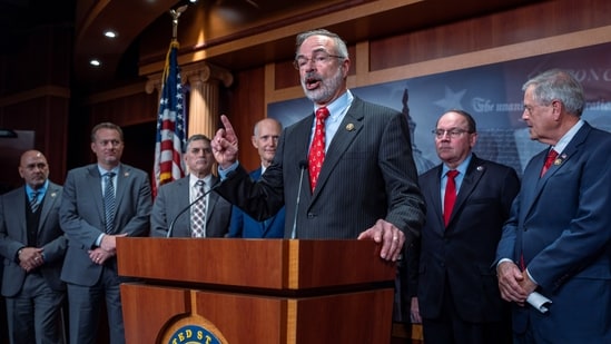 Rep. Andy Harris, R-Md., chairman of the House Freedom Caucus, joins a group of conservative Republicans to complain to reporters about the interim spending bill being crafted to avoid a shutdown of federal agencies, at the Capitol in Washington, Wednesday, Dec. 18, 2024. (AP)