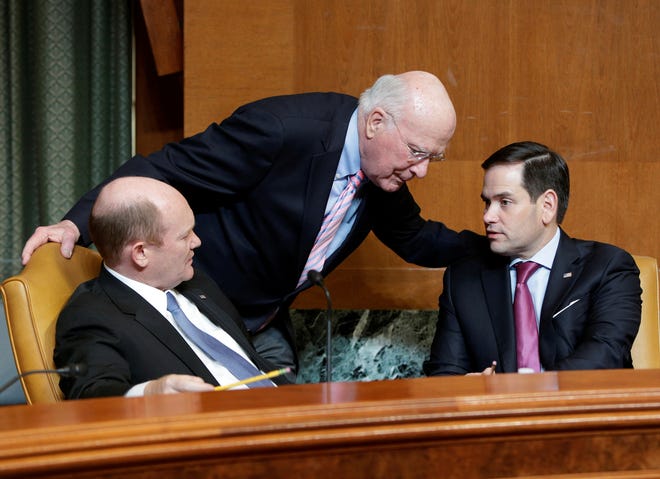 Senators Chris Coons (D-DE), Patrick Leahy (D-VT) and Marco Rubio (R-FL) speak before a Senate Appropriations State, Foreign Operations and Related Programs Subcommittee hearing on "Civil Society Perspectives on Russia" on Capitol Hill in Washington, U.S., March 29, 2017.  REUTERS/Joshua Roberts