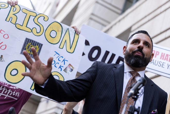 Nayib Hassan, an attorney for Proud Boys former leader Enrique Tarrio, speaks to reporters outside the E. Barrett Prettyman Federal Courthouse in Washington, U.S., September 5, 2023.