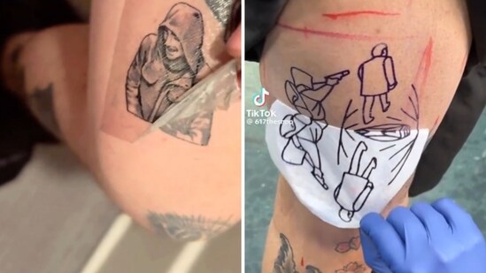 Pics of tattoos that people are getting related to Luigi Mangion and Brian Thompson's murder. (Screengrab (TikTok))