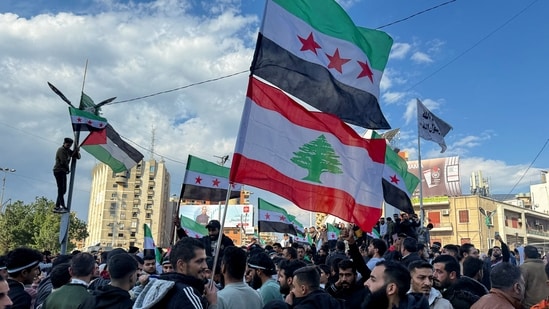 People hold Syrian opposition and Lebanese flags as they celebrate, after Syrian rebels announced that they have ousted President Bashar al-Assad, in Tripoli.(Reuters)