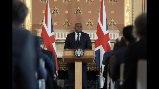 Foreign Secretary David Lammy delivers a speech at the Foreign Office on Government plans for new sanctions which will target the finances of people-smuggling networks (Stefan Rousseau/PA)