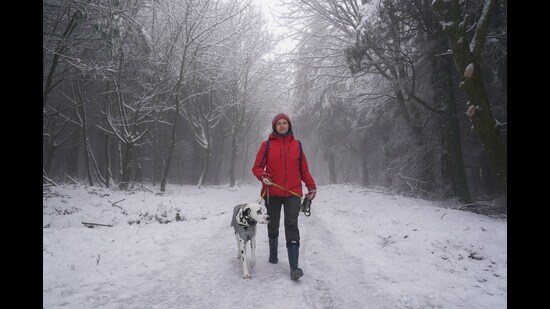 Katarzyna Pupin walking her dalmatian dog Chad in Slade Valley, Co Dublin (Brian Lawless/PA)