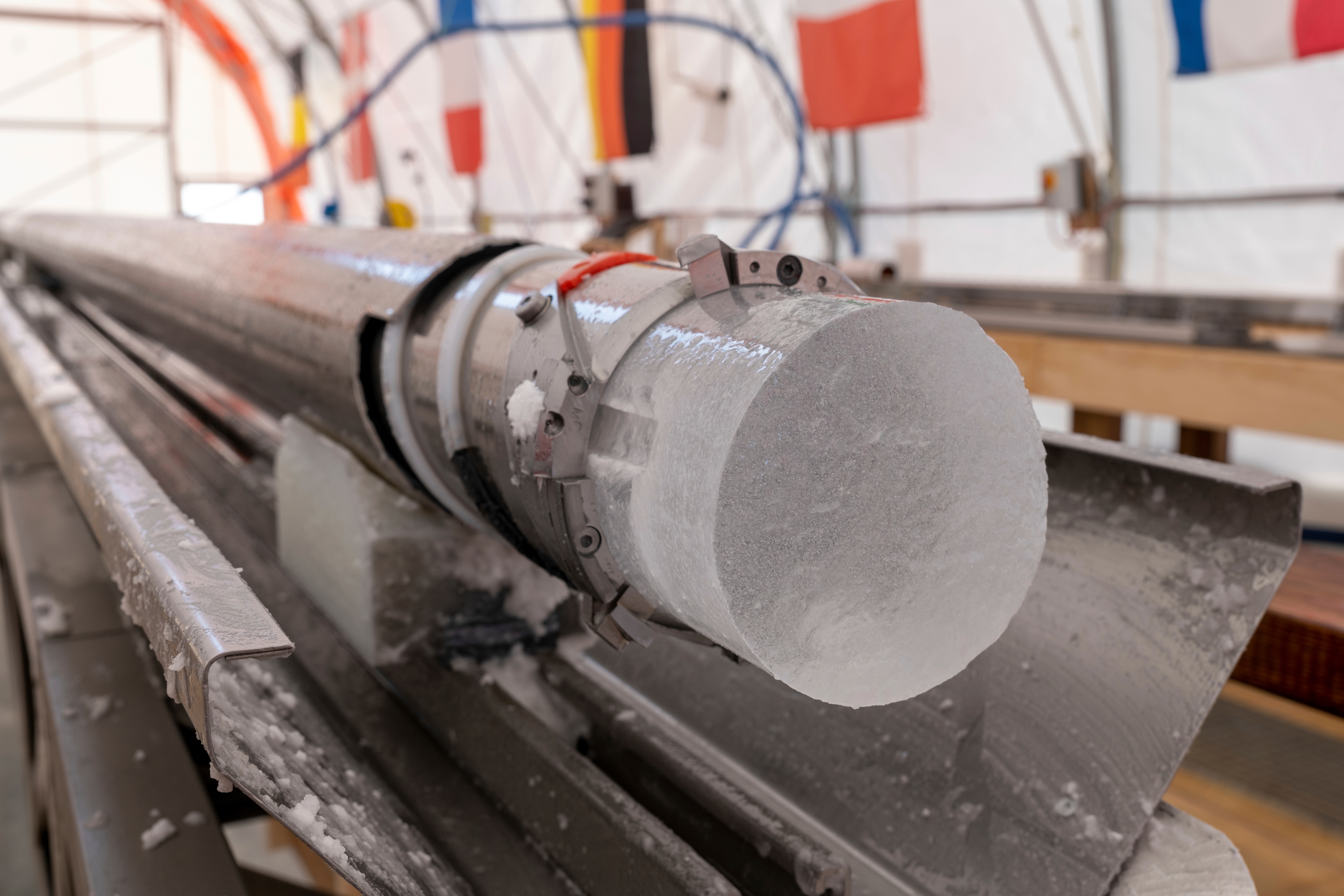 An ice core drilled by a research team is displayed at Little Dome C field base in eastern Antarctica, during the cutting phase on Tuesday, Jan. 7, 2025. (PNRA/IPEV Beyond Epica via AP)(AP)