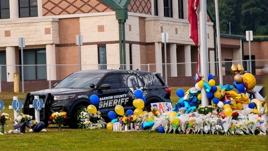 A memorial is seen at Apalachee High School after a school shooting, Sept. 7, 2024, in Winder, Ga. (AP Photo/Mike Stewart, File)(AP)